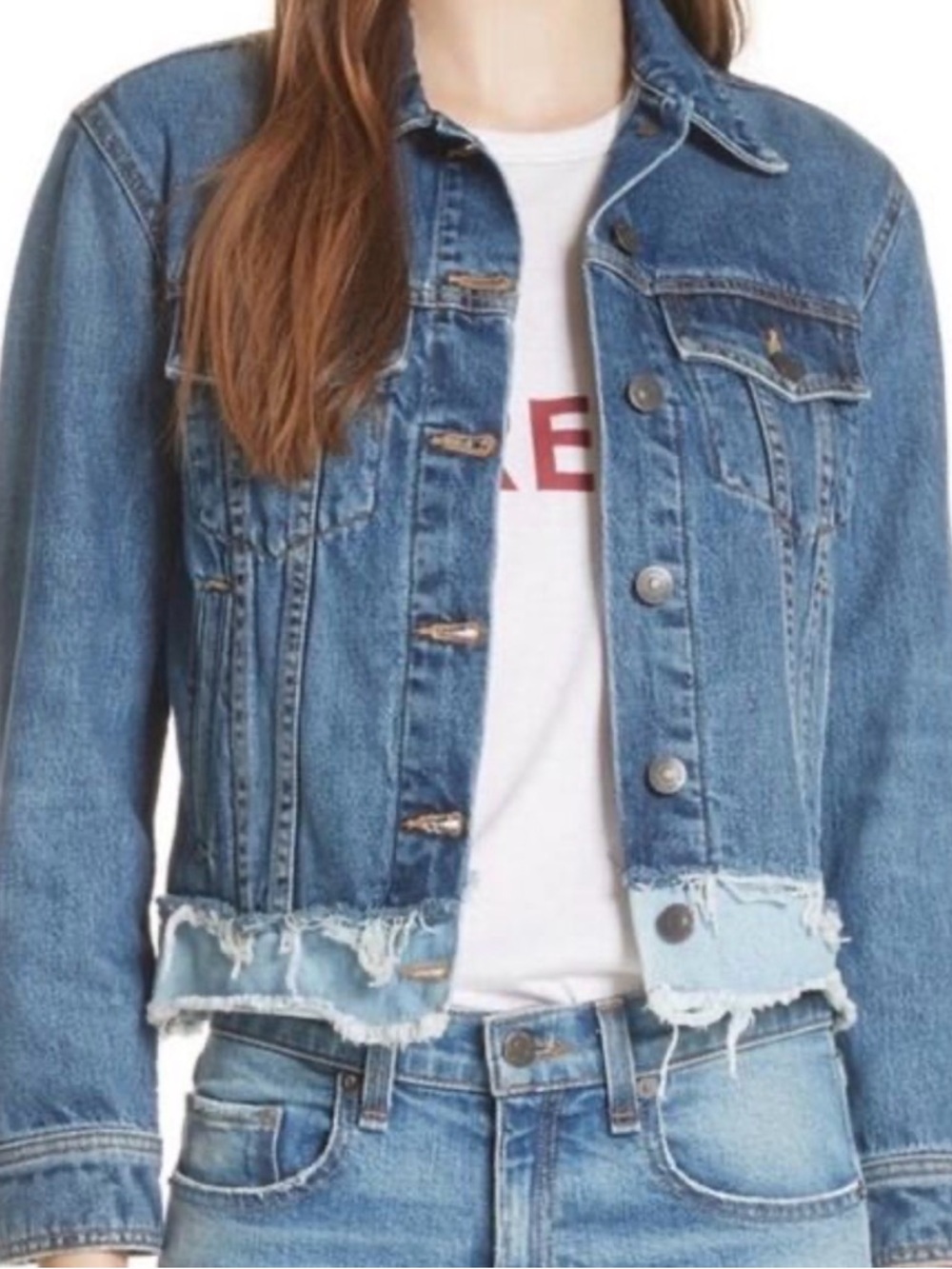 VERONICA BEARD Marianne Trucker Western Jean Jacket Patchwork Frayed Hem Blue S